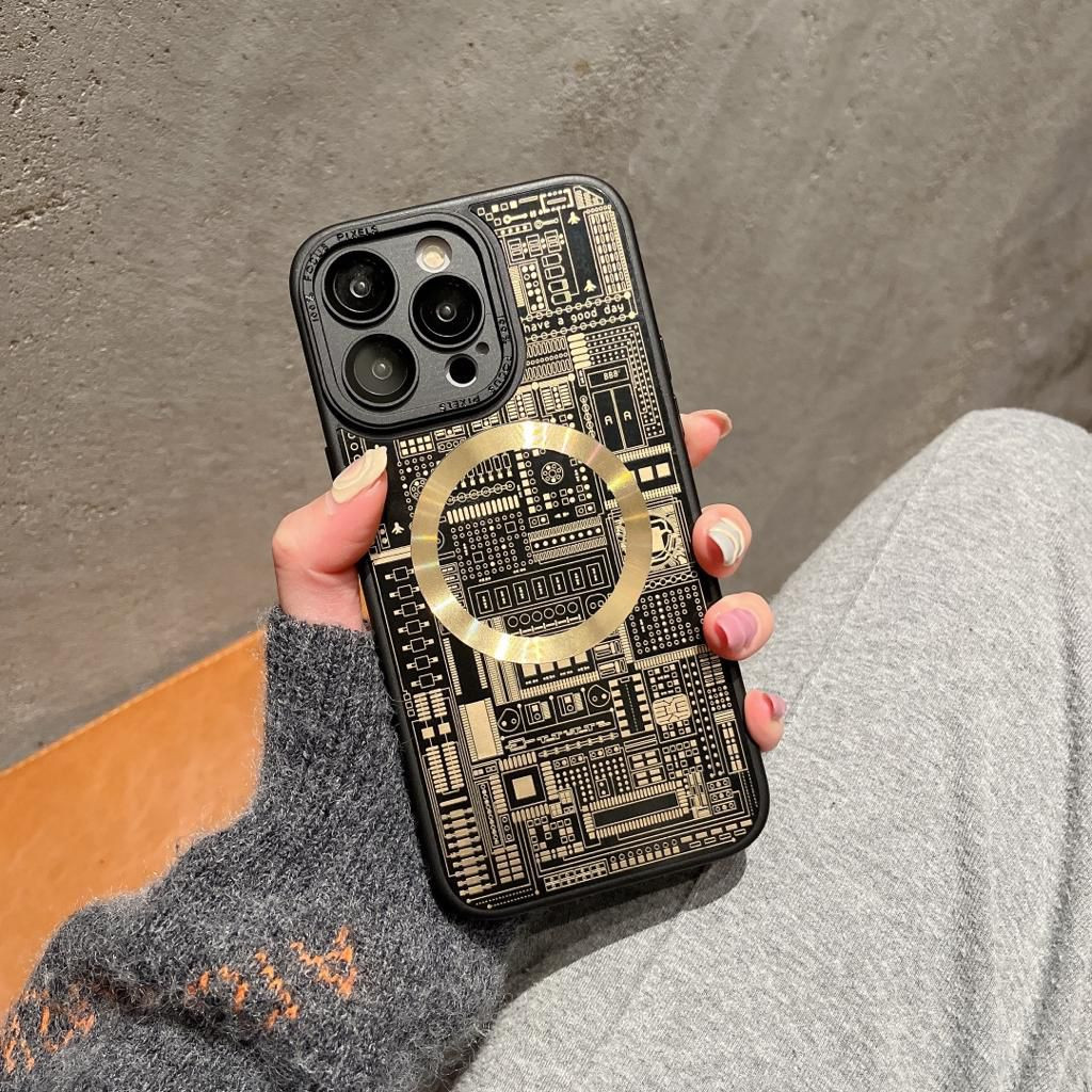 NYRA: Iphone 13 Pro Max Gold Plated Circuit , Mag Safe Case / Unique and Eye-Catching Case For Iphone